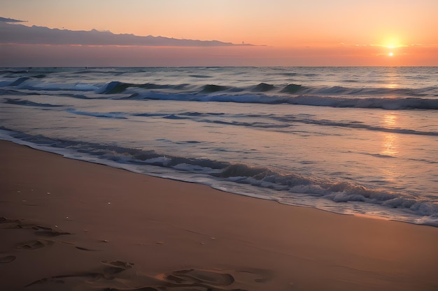 Un paisaje de una playa serena al atardecer con arena dorada olas suaves y un cielo de colores pastel