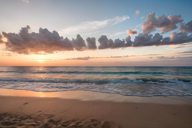 Un paisaje de una playa serena al atardecer con arena dorada olas suaves y un cielo de colores pastel