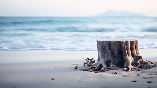 Paisaje de playa sereno con tronco de árbol desgastado para fondos de naturaleza pacífica y decoración costera