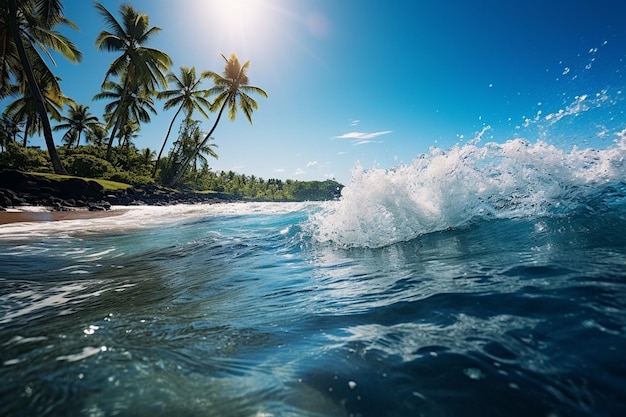 Paisaje de playa soleado con palmeras y olas azules del océano