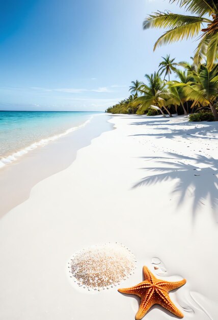 Paisaje de playa tropical para el fondo del póster con peces estrella en la arena