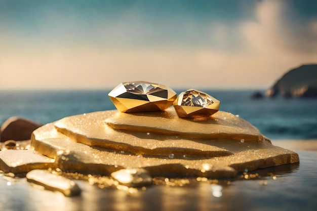 Paisaje de podio cosmético de roca dorada plana con cristal junto al mar hermosos materiales