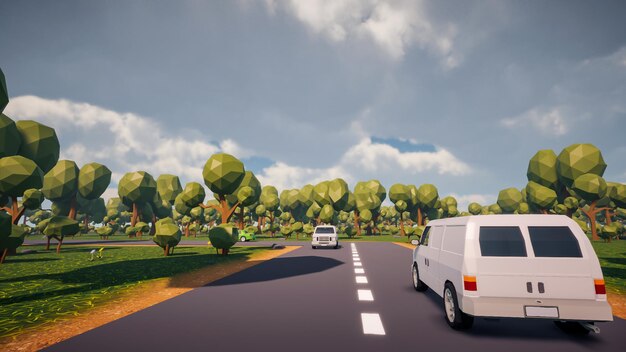 Paisaje polivinílico bajo con coches en una carretera y un entorno natural en el fondo 3d render