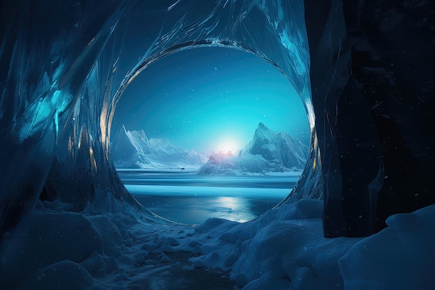 Paisaje con portal de hielo místico aurora boreal montañas y glaciares en el fondo AI
