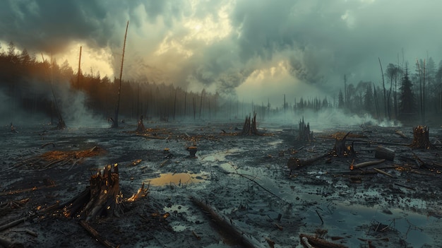 Foto paisaje post-apocalíptico con árboles muertos y bosque quemado