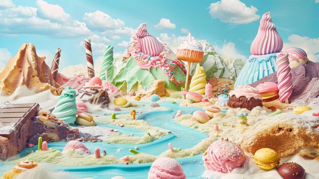 Un paisaje de postre caprichoso con montañas de caramelos y ríos de chocolate Ilustración generada por IA