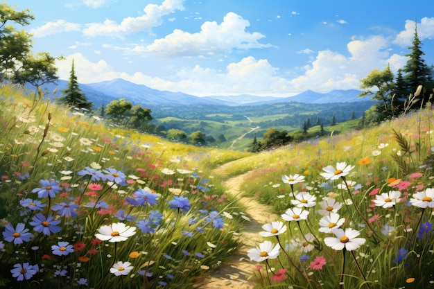 Paisaje de pradera con flores silvestres y montañas en el fondo hermoso arte digital pintura realista de una pradera llena de flores silvestres generada por IA
