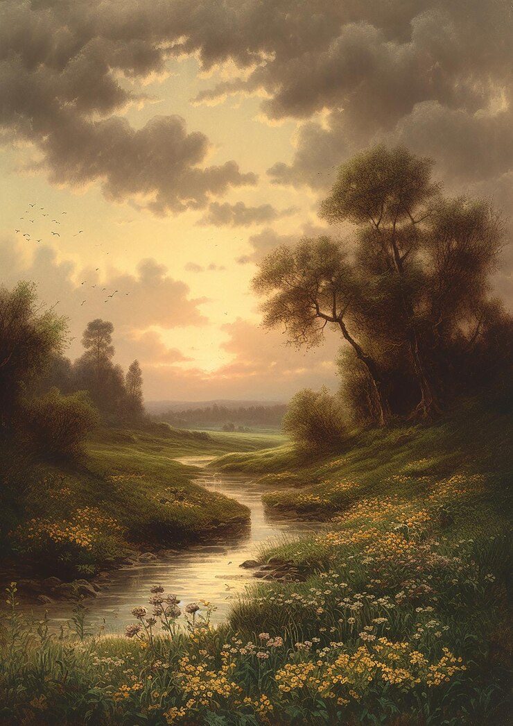 Paisaje de pradera primaveral vintage del siglo XIX