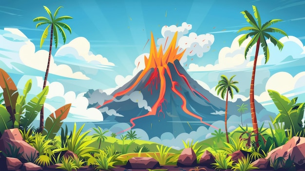 Un paisaje prehistórico del Jurásico con una erupción volcánica paisaje de ilustración moderna con volcán activo montaña con gasolina humo nube rocas hierba palmeras y palmeras