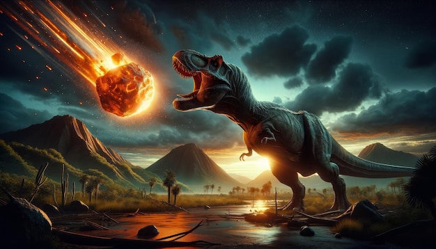 Foto paisaje prehistórico con tyrannosaurus rex y un meteorito ardiente en el cielo