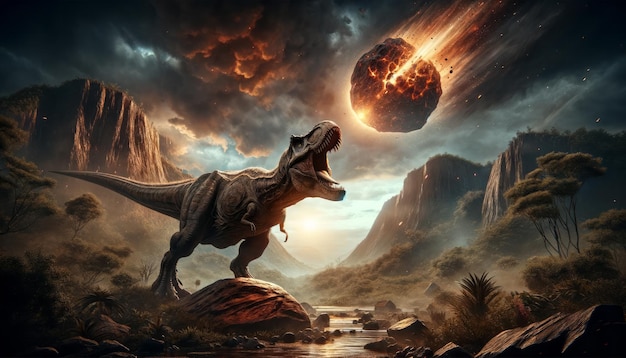 Foto paisaje prehistórico con tyrannosaurus rex y un meteorito ardiente en el cielo