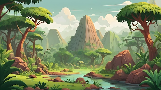 Paisaje prehistórico de vegetación exuberante estilo de dibujos animados