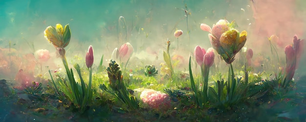 Paisaje de primavera de acuarela pastel con flores AI generativa