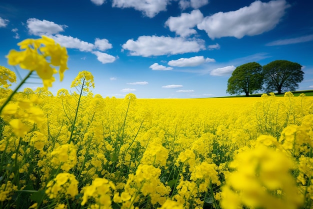 Paisaje de primavera con un árbol solitario en un campo amarillo y un cielo azul con nubes