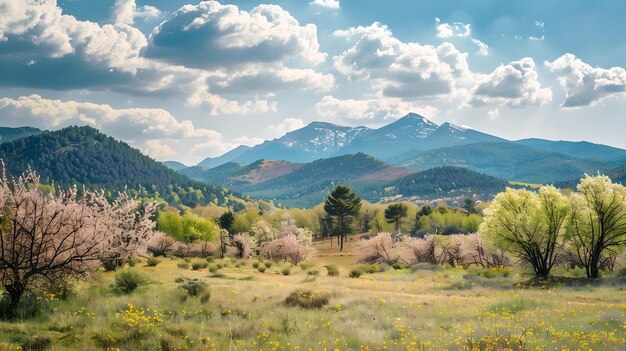 Paisaje de primavera con árboles en flor y montañas nevadas escena de naturaleza serena capturada a la luz del día ideal para fondos y papeles de pared IA