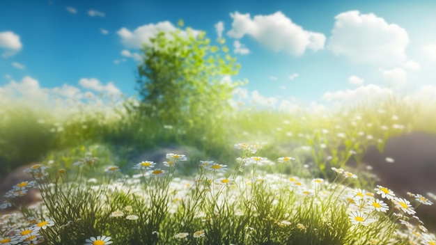 Paisaje de primavera borroso con árboles de manzanilla en flor en un claro y un cielo azul claro Ai generativo