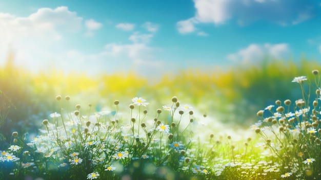 Paisaje de primavera borroso con árboles de manzanilla en flor en un claro y un cielo azul claro Ai generativo