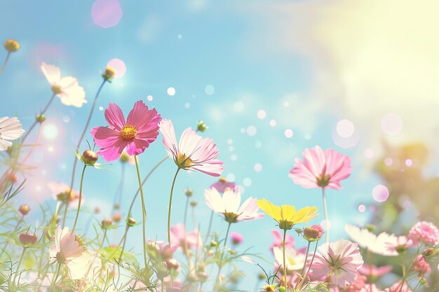 Un paisaje de primavera con un campo de flores y un cielo azul con un color amarillo y rosa