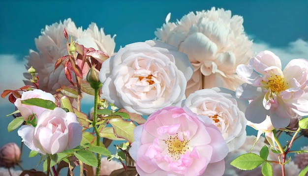 paisaje de primavera flores ramos de rosas de color rosa pastel blanco contra el cielo azul de san valentín