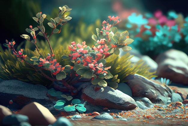 Paisaje de primavera con fondo de árboles coloridos Belleza en la naturaleza y concepto de primavera Ilustración de arte digital IA generativa