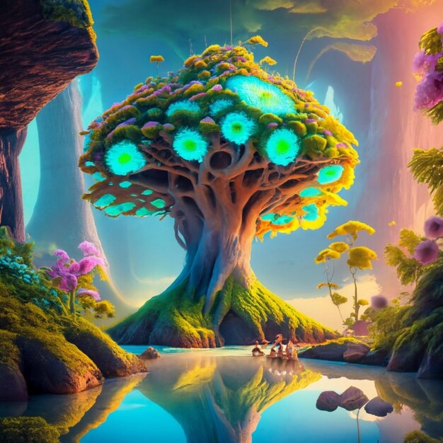 Paisaje de primavera con ilustración 3D del río