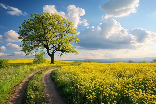 Paisaje de primavera con naturaleza rural pacífica en primavera con pastizales silvestres