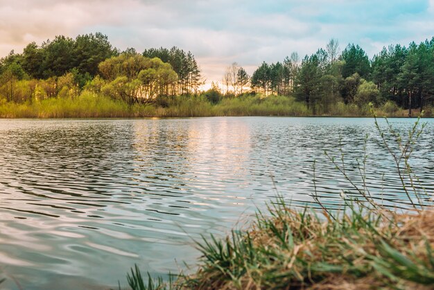 Paisaje de primavera de la puesta de sol sobre el río en el bosque de Bielorrusia.