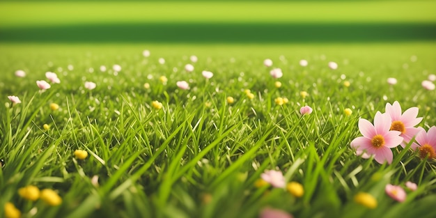 Paisaje primaveral campo floreciente con hierba verde flores blancas rosadas y amarillas Ilustración de la naturaleza IA generativa