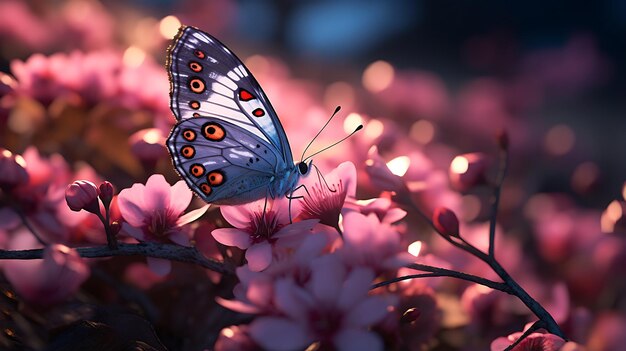 paisaje primaveral con flores rosadas de sakura en plena floración y hermosas mariposas