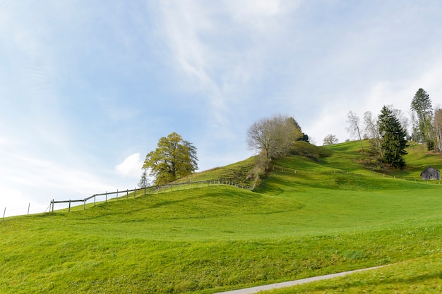 Paisaje de pueblo de campo verde en otoño en Suiza