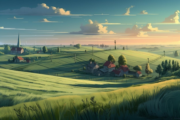 Un paisaje con un pueblo a lo lejos