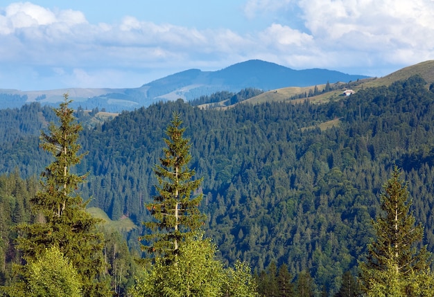 Paisaje de pueblo de montaña de verano con casa en la cima de la colina