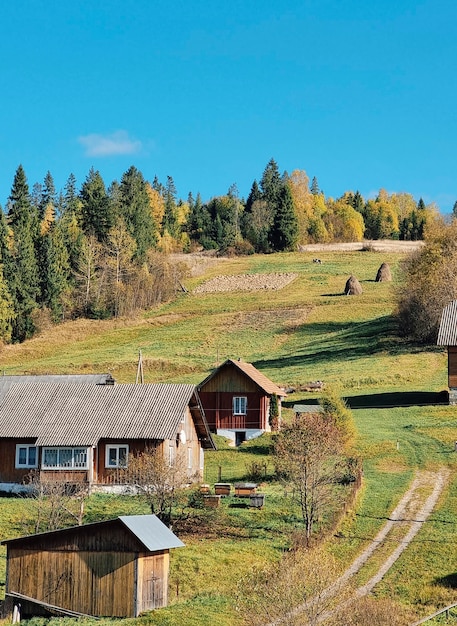 Paisaje de pueblo de montañas de otoño en Ucrania