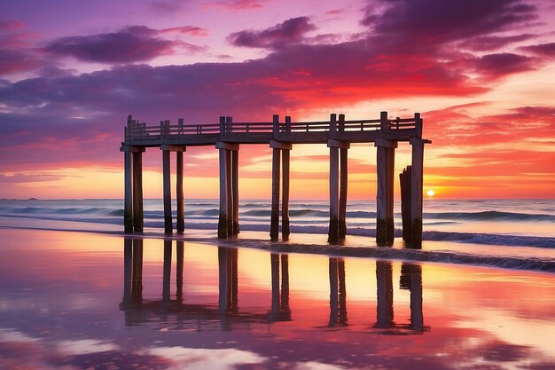 Foto paisaje de puesta o amanecer panorama de hermosa naturaleza playa con coloridas nubes rojas naranjas y púrpuras reflejadas en el agua del océano y columnas de un viejo muelle tomado en nápoles florida ee.uu.