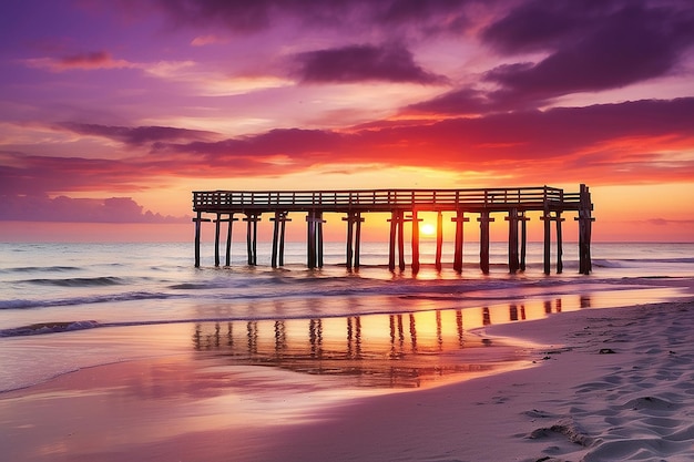 Foto paisaje de puesta o amanecer panorama de hermosa naturaleza playa con coloridas nubes rojas naranjas y púrpuras reflejadas en el agua del océano y columnas de un viejo muelle tomado en nápoles florida ee.uu.