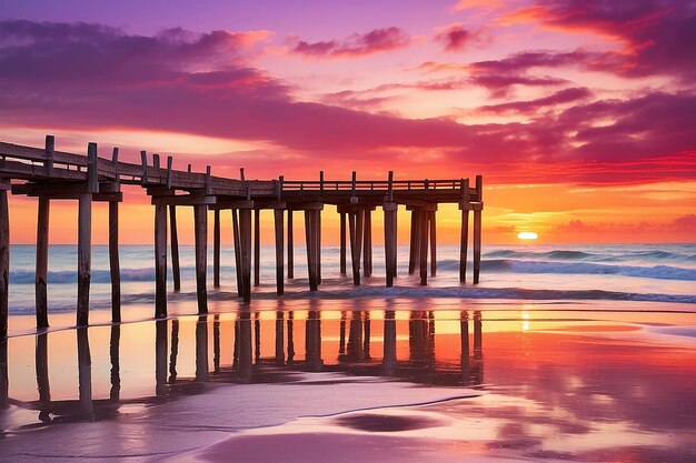 Foto paisaje de puesta o amanecer panorama de hermosa naturaleza playa con coloridas nubes rojas naranjas y púrpuras reflejadas en el agua del océano y columnas de un viejo muelle tomado en nápoles florida ee.uu.