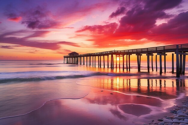 Foto paisaje de puesta o amanecer panorama de hermosa naturaleza playa con coloridas nubes rojas naranjas y púrpuras reflejadas en el agua del océano y columnas de un viejo muelle tomado en nápoles florida ee.uu.