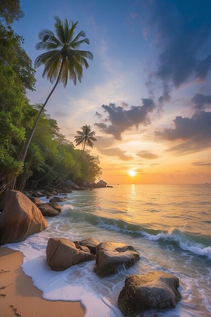 Foto paisaje de puesta de sol en el cabo coral en el mar de andamán en phang ngasouthern de tailandia