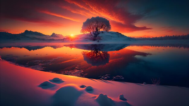 Paisaje de puesta de sol de invierno con árboles de nieve de colores vivos y arte generado por redes neuronales de montañas lejanas