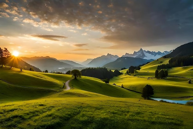 Un paisaje con una puesta de sol y montañas al fondo.