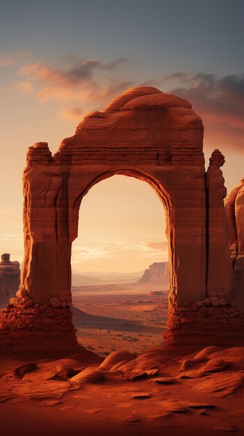 un paisaje con una puesta de sol y montañas en el fondo