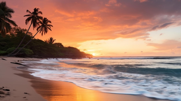 Paisaje de puesta de sol en la playa con palmeras