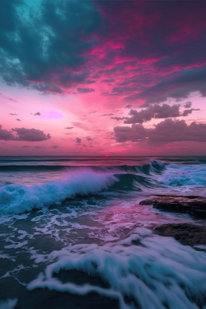 Paisaje de puesta de sol con roca oceánica y cielo con nubes creado con tecnología generativa de inteligencia artificial