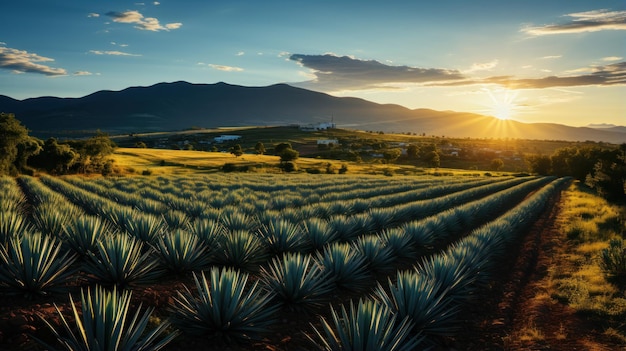 Paisaje con puesta de sol y siembra de plantas de agave para producir tequila en Jalisco