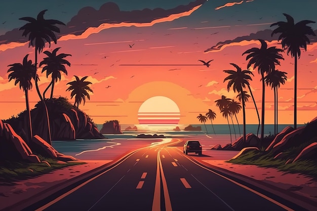 Un paisaje de una puesta de sol tropical y una carretera costera un colorido paisaje marino al atardecerGenerative AI