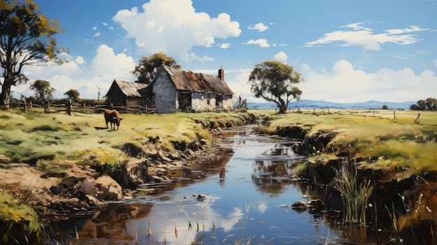 Paisaje realista australiano con vacas junto al agua