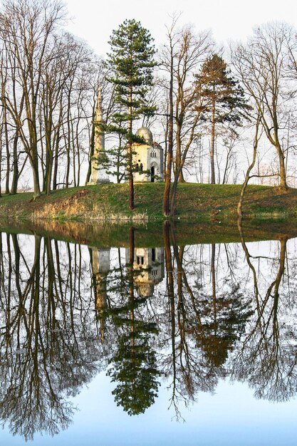 Paisaje reflejado con un viejo mirador entre los árboles.