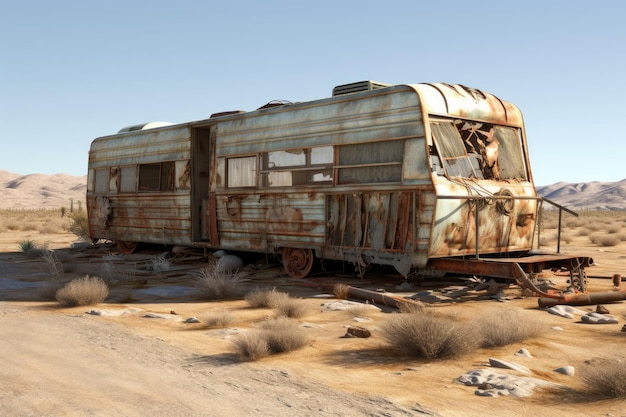Paisaje con remolque abandonado en medio del desierto IA generativa