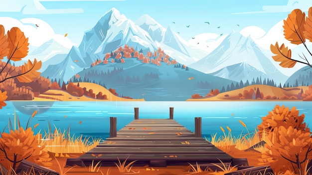El paisaje representa un muelle de madera en un lago al pie de una montaña cubierta de nieve Ilustración moderna de dibujos animados muestra arbustos de hierba naranja y marrón y árboles en la orilla de un estanque