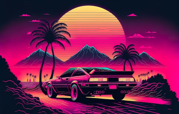 Paisaje retro en colores púrpuras fondo retro Synthwave